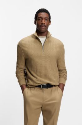 Quarter-zip sweater in cotton, Khaki