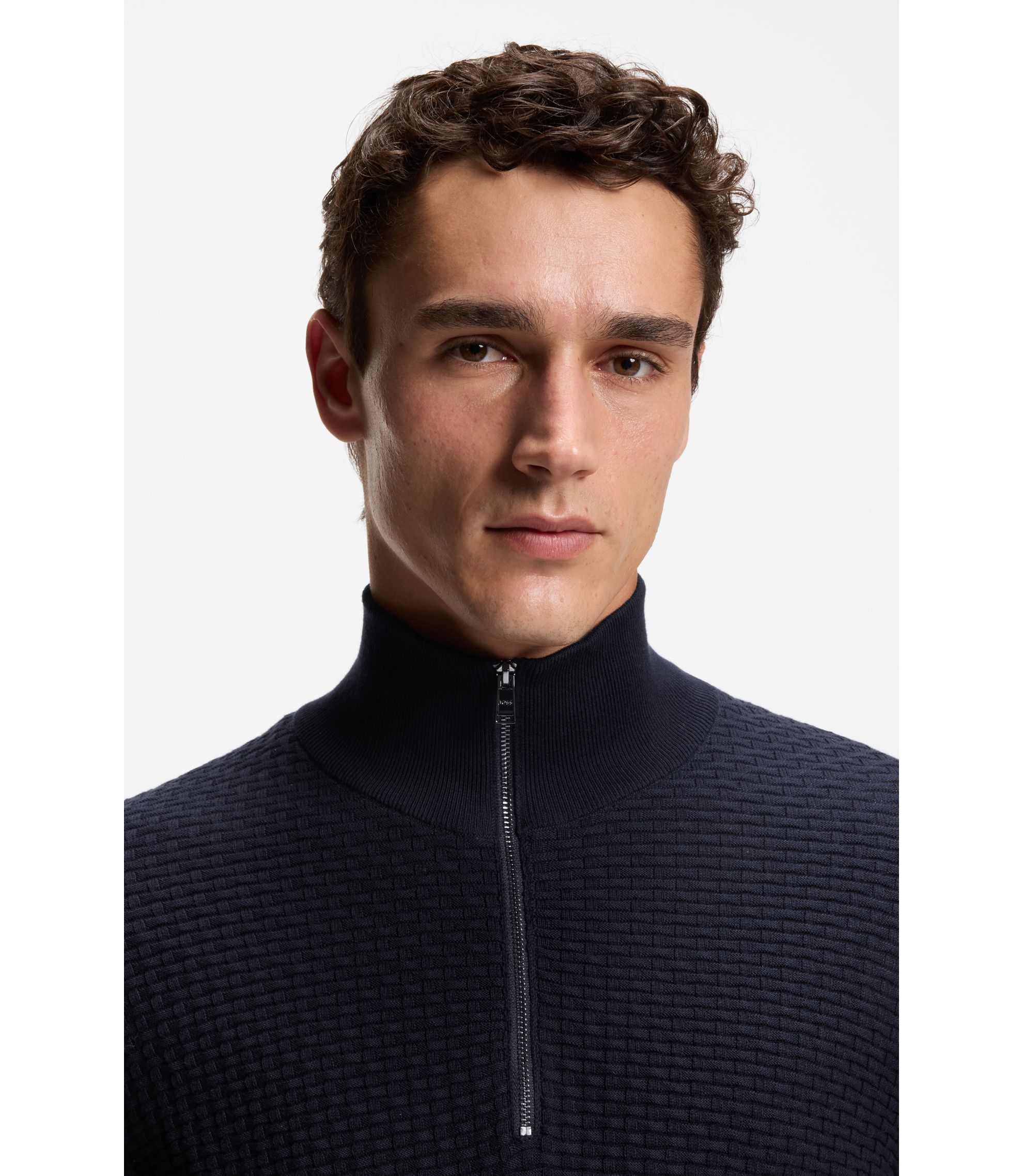 BOSS - Quarter-zip sweater in cotton - Dark Blue