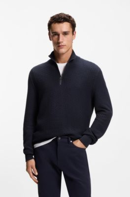 Quarter-zip sweater in cotton, Dark Blue