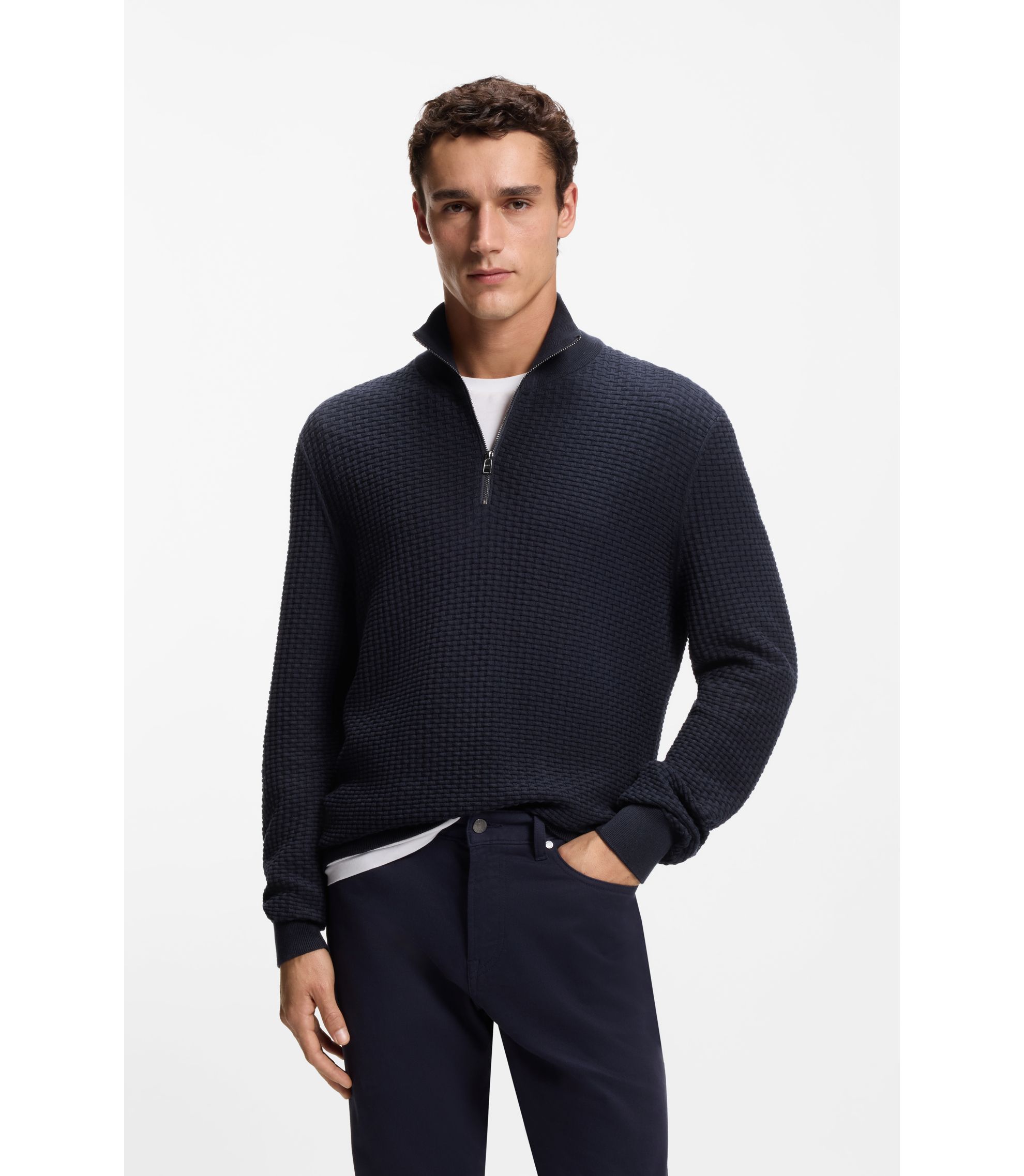 BOSS - Quarter-zip sweater in cotton - Dark Blue