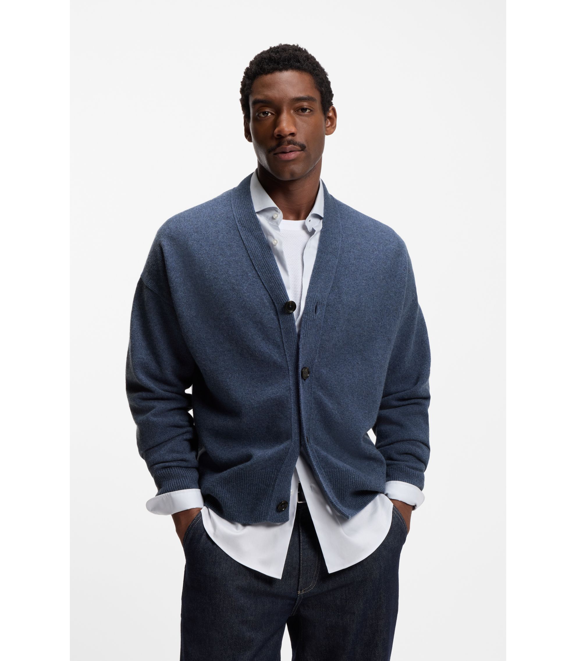 BOSS - Virgin-wool cardigan in a relaxed fit - Light Blue