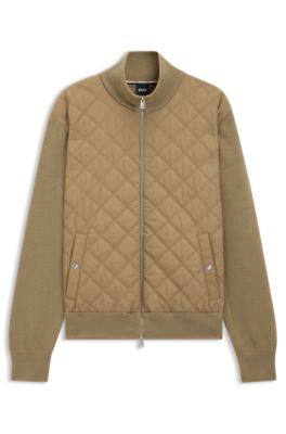 Quilted-front jacket in knitted wool, Khaki