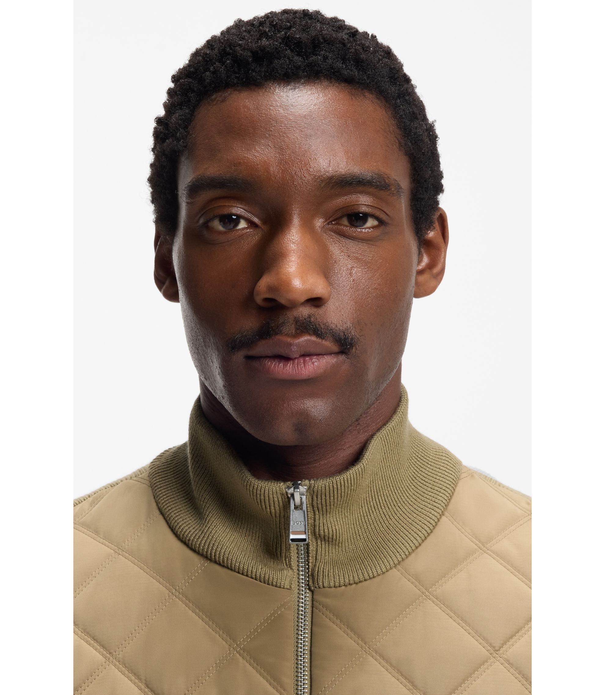 BOSS - Quilted-front jacket in knitted wool - Khaki