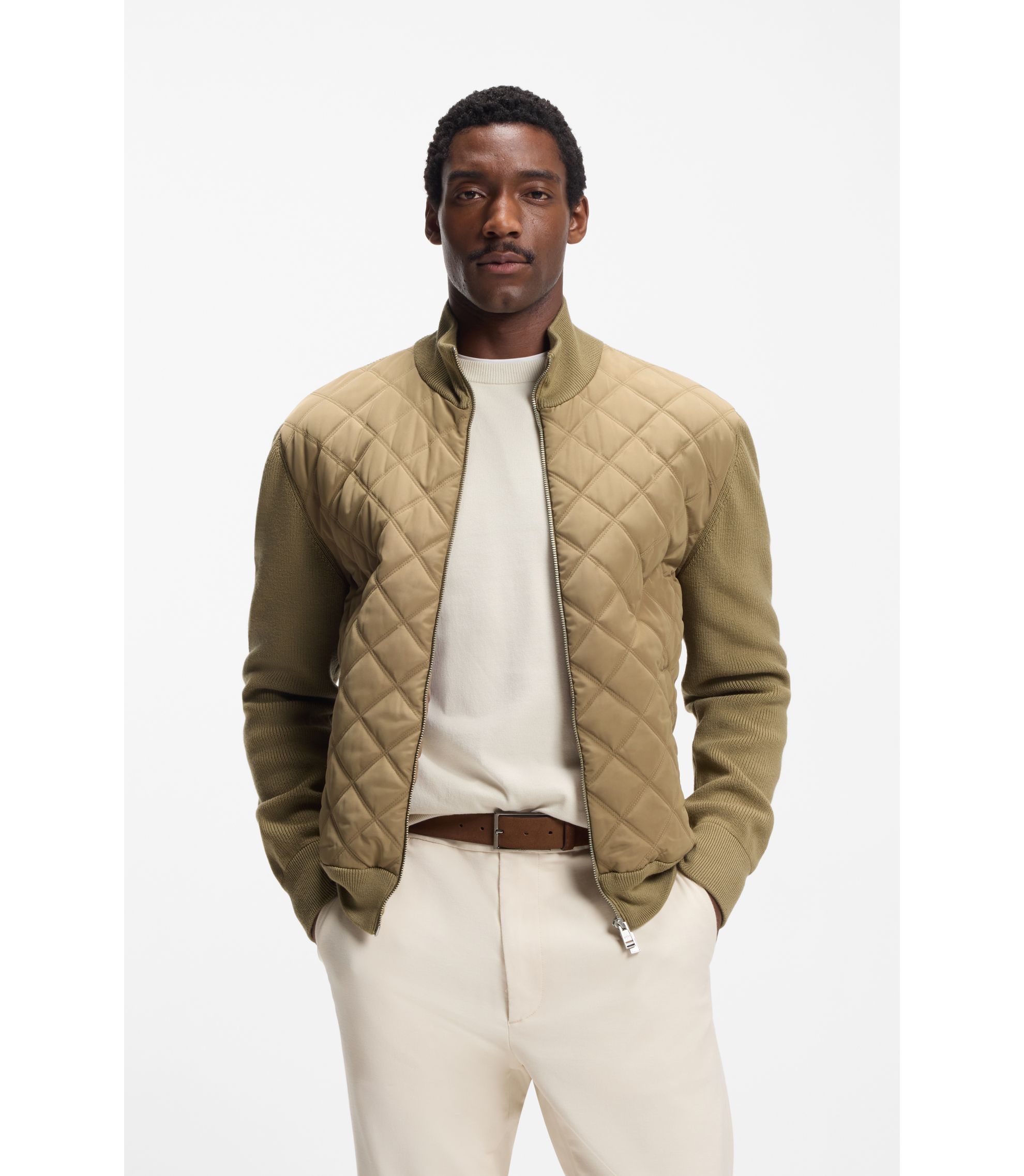 BOSS - Quilted-front jacket in knitted wool - Khaki