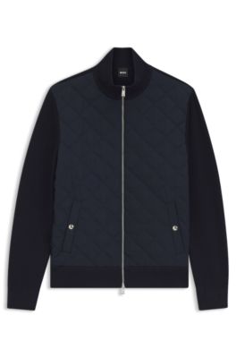 Quilted-front jacket in knitted wool, Dark Blue