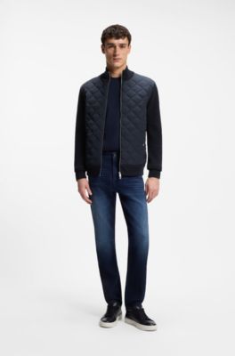 Quilted-front jacket in knitted wool, Dark Blue