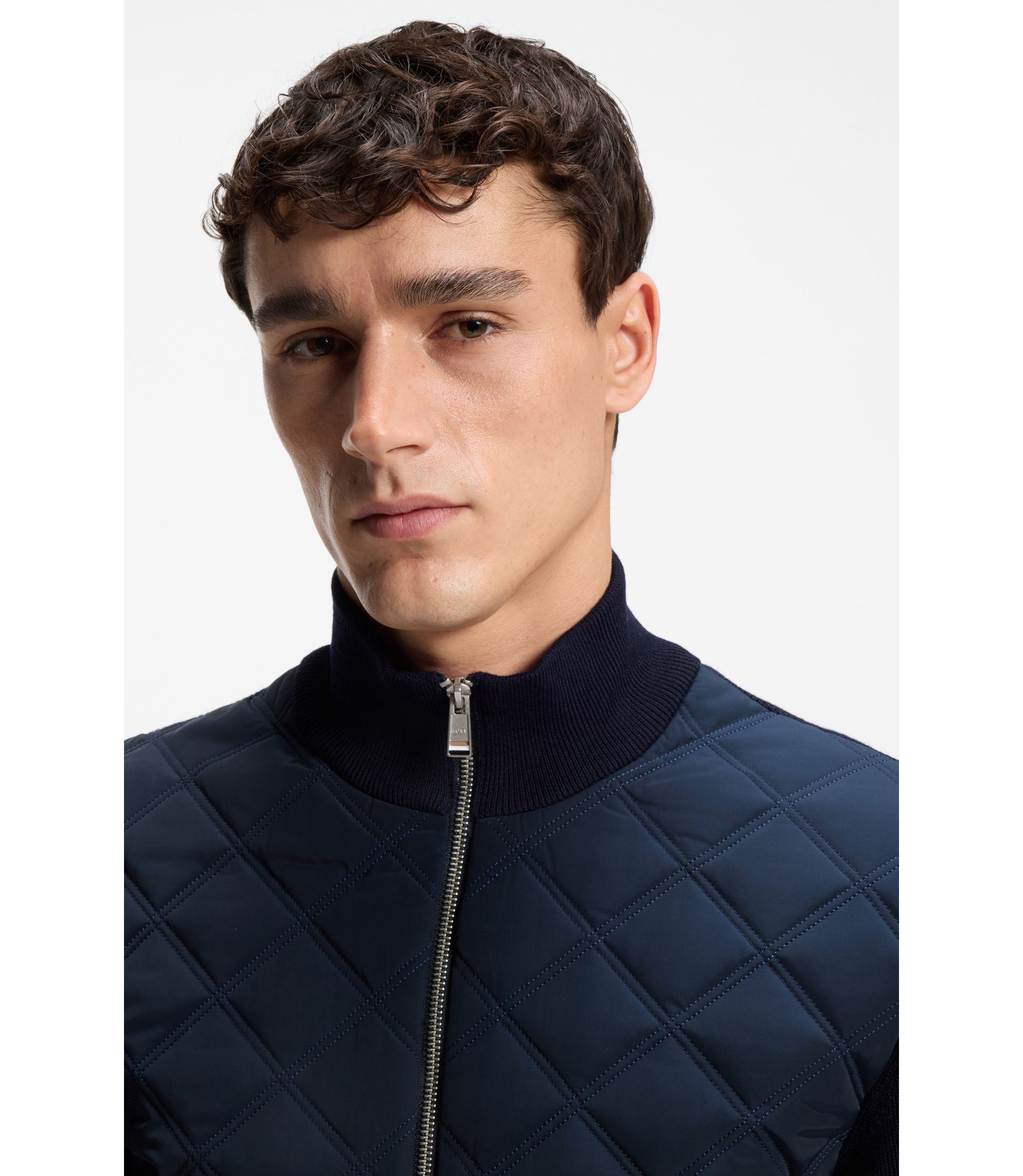 BOSS - Quilted-front jacket in knitted wool - Dark Blue