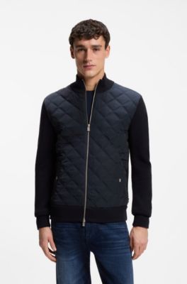 Chaqueta de punto de lana con panel delantero guateado, Azul oscuro