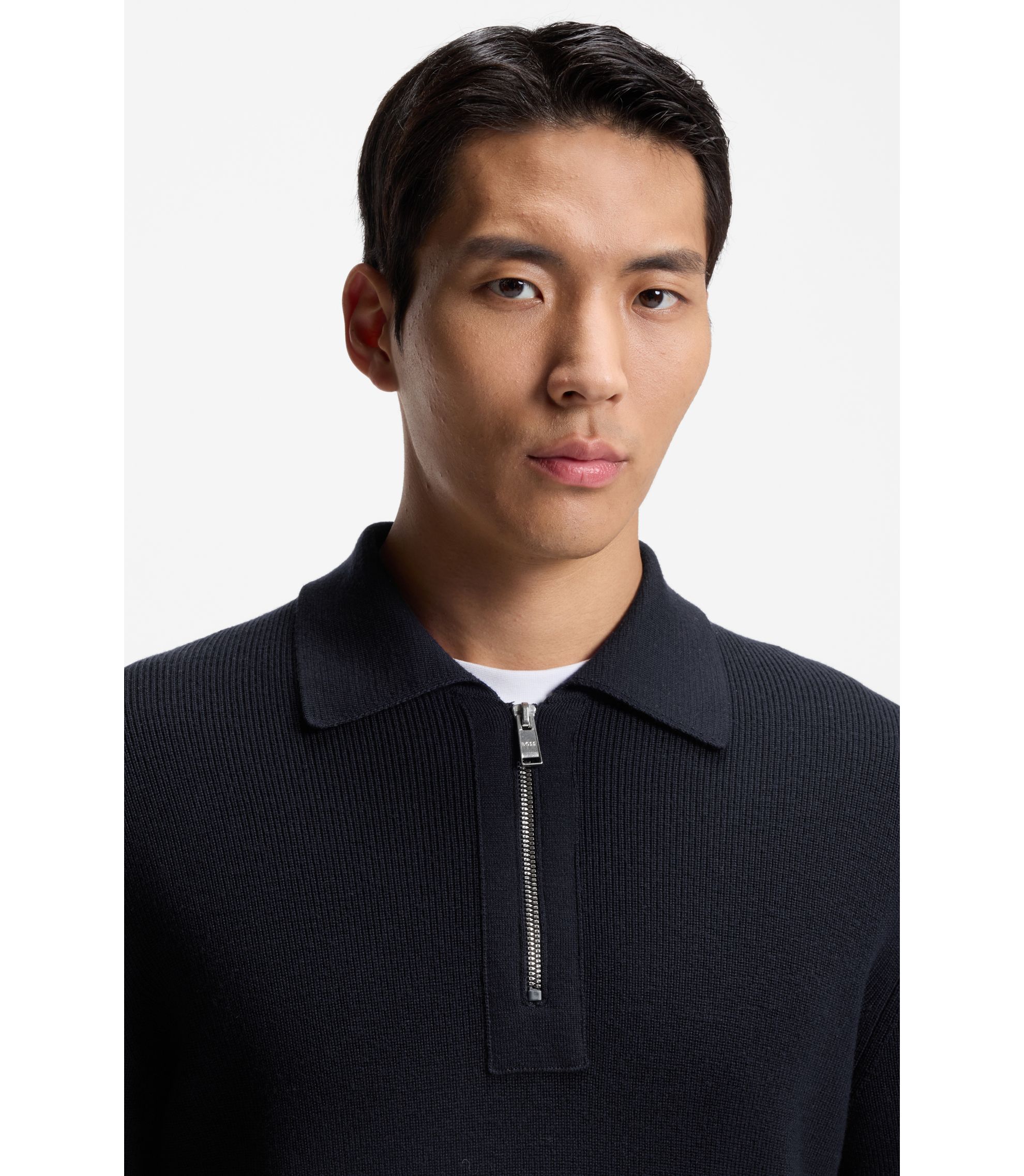 BOSS - Zip-collar sweater in virgin wool - Dark Blue