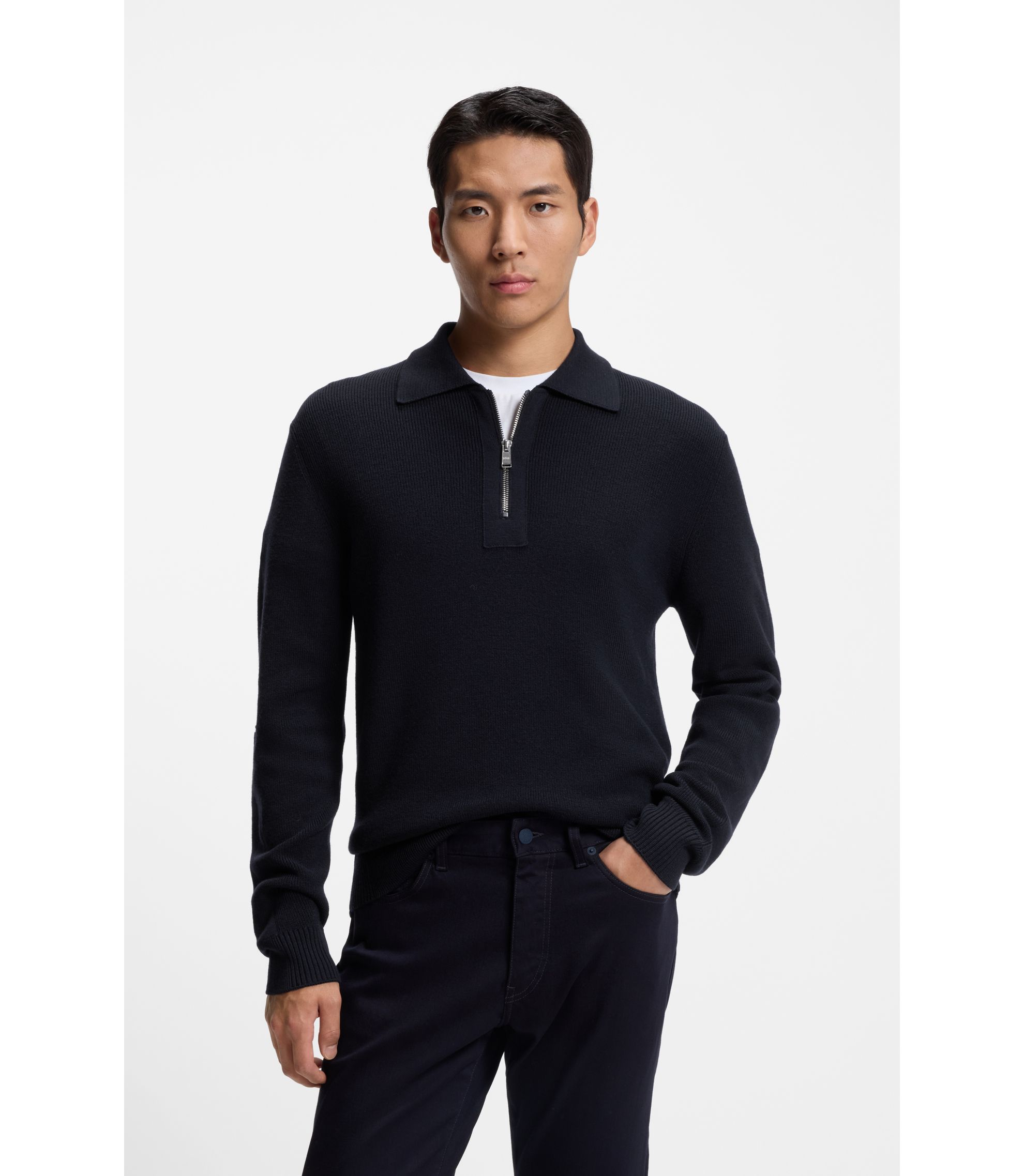 BOSS - Zip-collar sweater in virgin wool - Dark Blue
