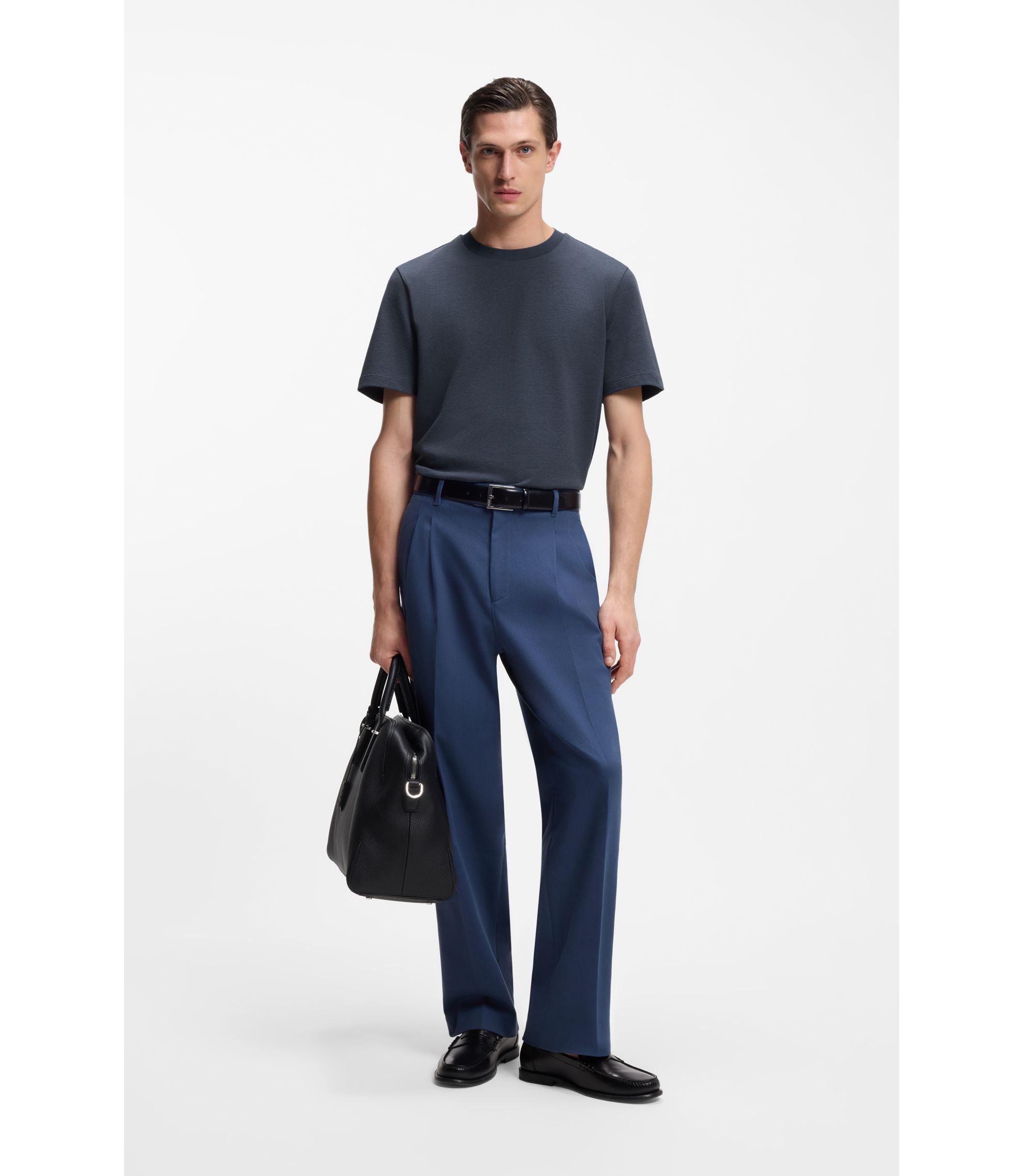 BOSS - Bubble-structure T-shirt in cotton - Dark Blue
