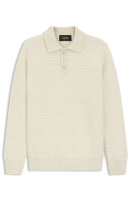Jersey relaxed fit de cashmere con estructura y cuello de polo, Blanco