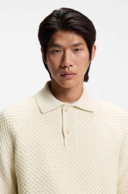 Jersey relaxed fit de cashmere con estructura y cuello de polo, Blanco