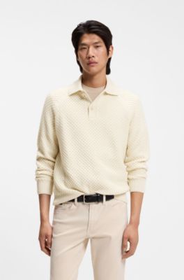 Jersey relaxed fit de cashmere con estructura y cuello de polo, Blanco