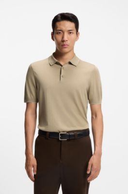 Knit polo shirt in silk and cotton, Khaki