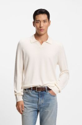 Knitted-silk sweater with Johnny collar, White