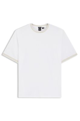 Stripe-trim T-shirt in mercerised cotton, White