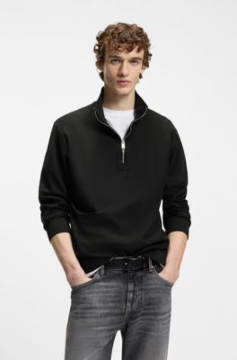 Sweat en coton m&eacute;lang&eacute; &agrave; fermeture &eacute;clair courte, Noir