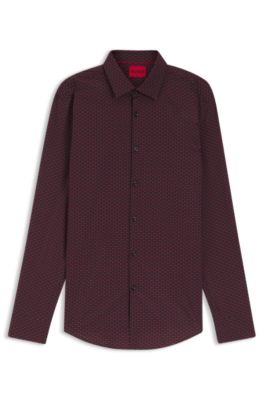 Printed slim-fit shirt in cotton poplin, Black