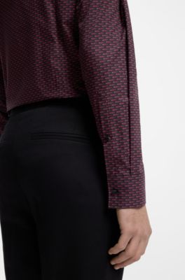 Printed slim-fit shirt in cotton poplin, Black