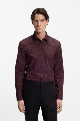 Printed slim-fit shirt in cotton poplin, Black