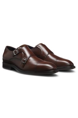 Double-strap monk shoes in leather, Brown