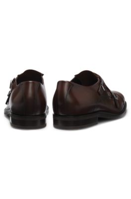 Double-strap monk shoes in leather, Brown