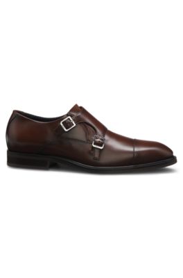 Double-strap monk shoes in leather, Brown