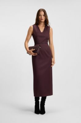 Piped-waistband dress in virgin wool, Dark Purple