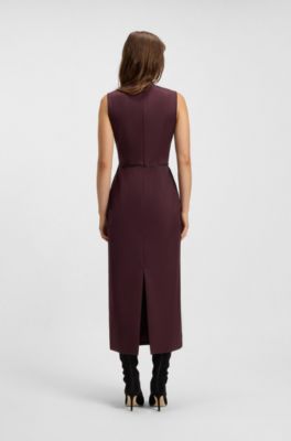 Piped-waistband dress in virgin wool, Dark Purple