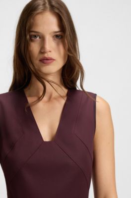 Vestido de lana virgen con ribete en la cintura, P&uacute;rpura oscuro