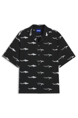 Printed relaxed-fit shirt in cotton poplin, Black