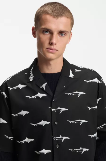 Printed relaxed-fit shirt in cotton poplin