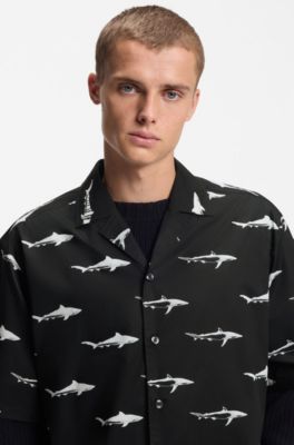 Printed relaxed-fit shirt in cotton poplin, Black