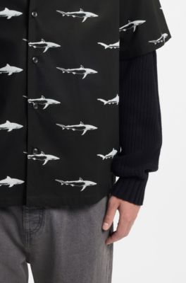 Printed relaxed-fit shirt in cotton poplin, Black
