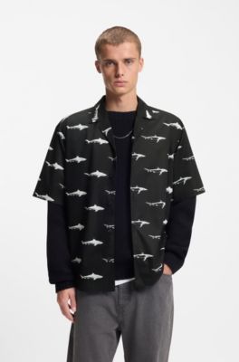 Printed relaxed-fit shirt in cotton poplin, Black