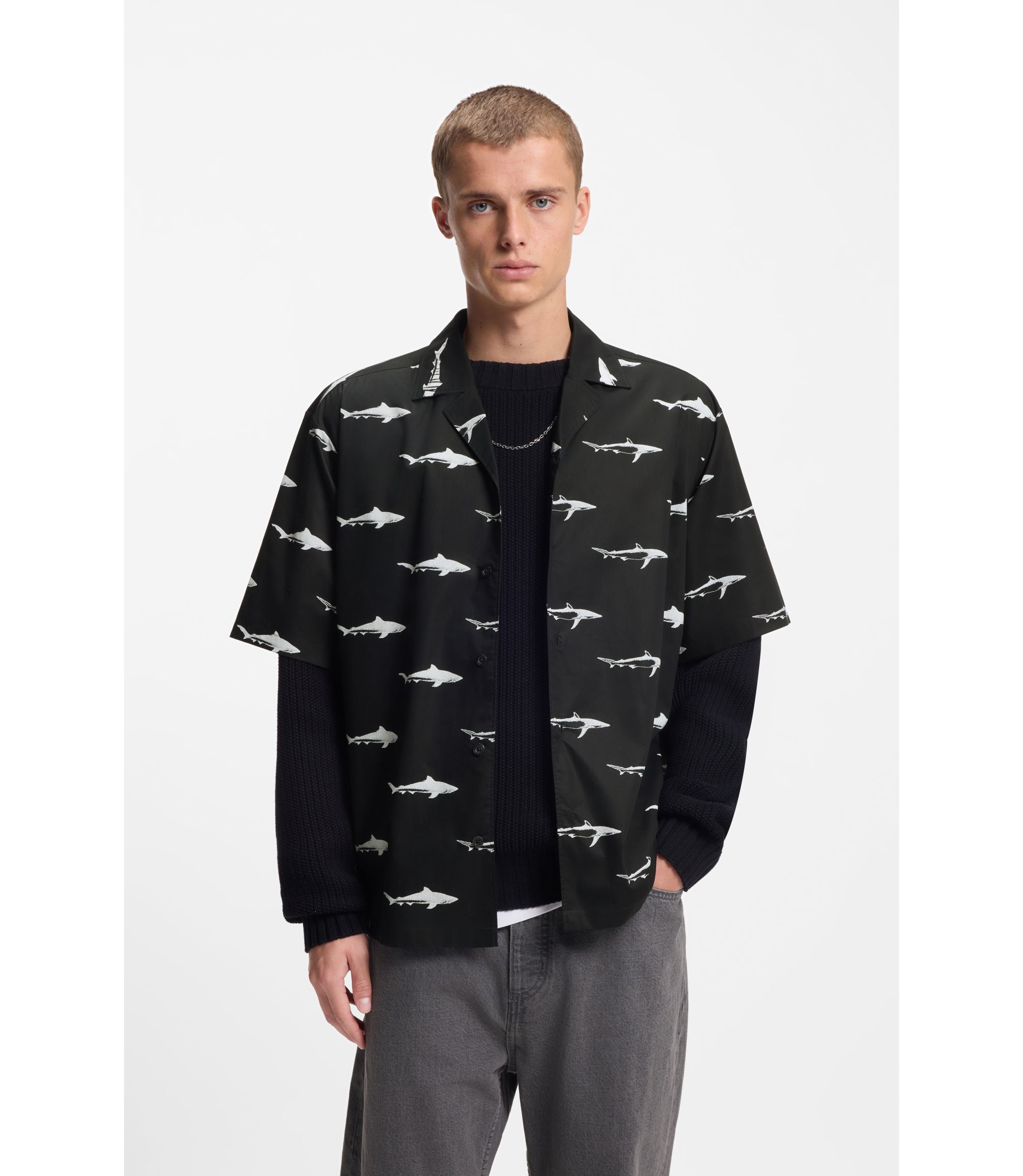 HUGO - Printed relaxed-fit shirt in cotton poplin - Black