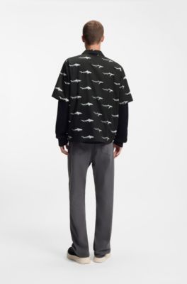 Printed relaxed-fit shirt in cotton poplin, Black