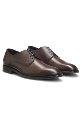 Derby shoes in textured and smooth leather, Dark Brown