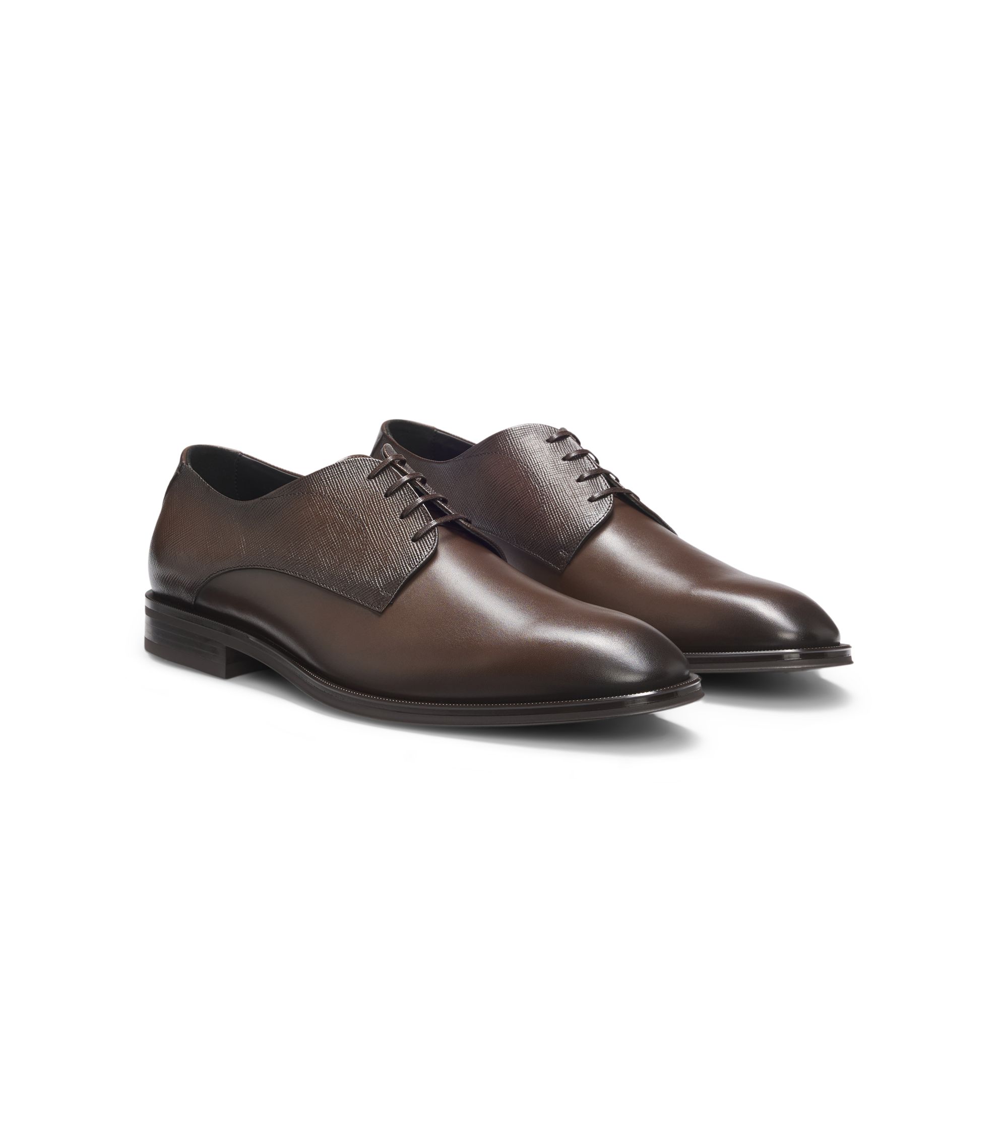 BOSS textured and smooth Leather Men Derby Shoes - dark Brown