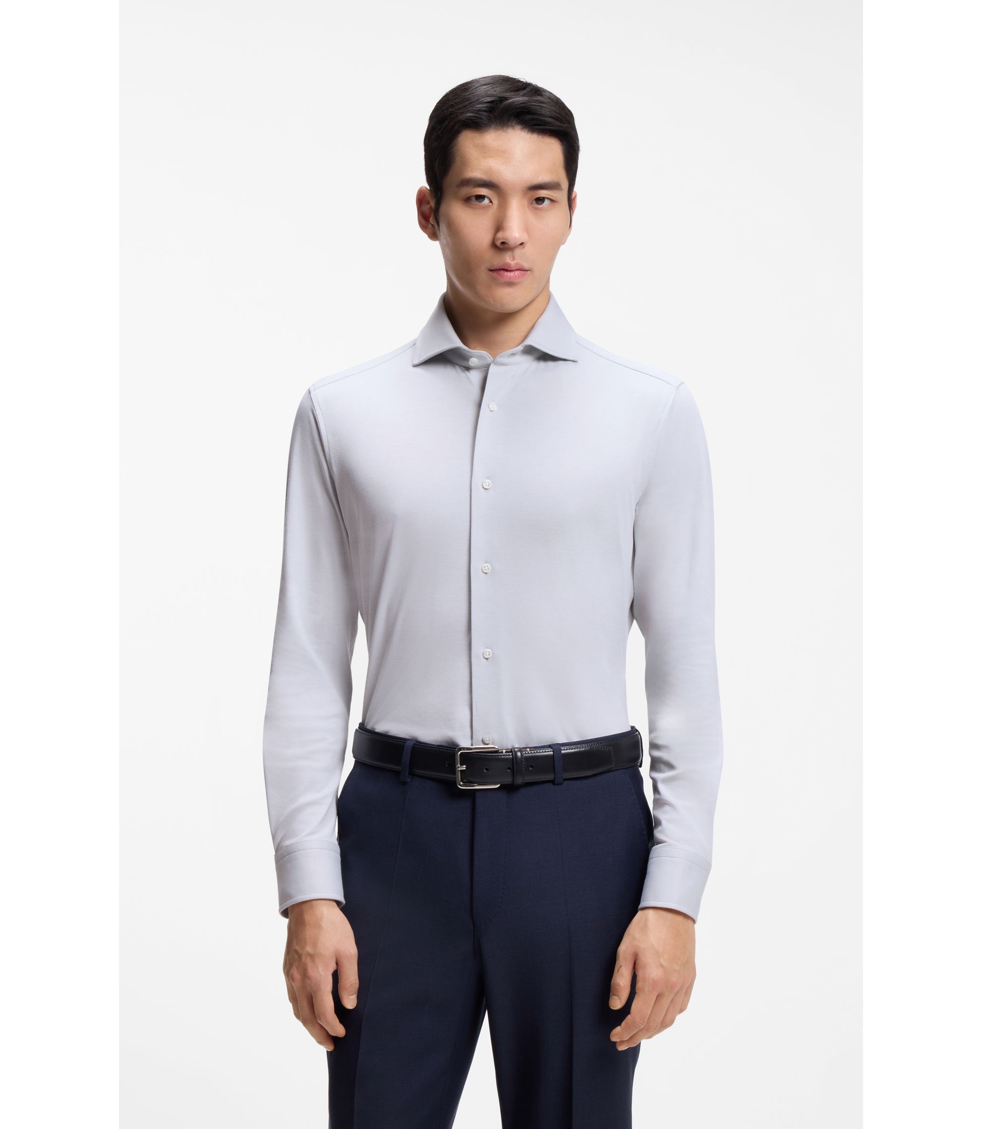BOSS - Slim-fit shirt in a wrinkle-resistant cotton blend - Silver