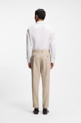 Pantalones tapered fit en lana virgen y algod&oacute;n, Caqui