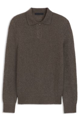 BECKHAM x BOSS moulin&eacute;-rib sweater with polo collar, Light Brown
