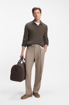 BECKHAM x BOSS moulin&eacute;-rib sweater with polo collar, Light Brown