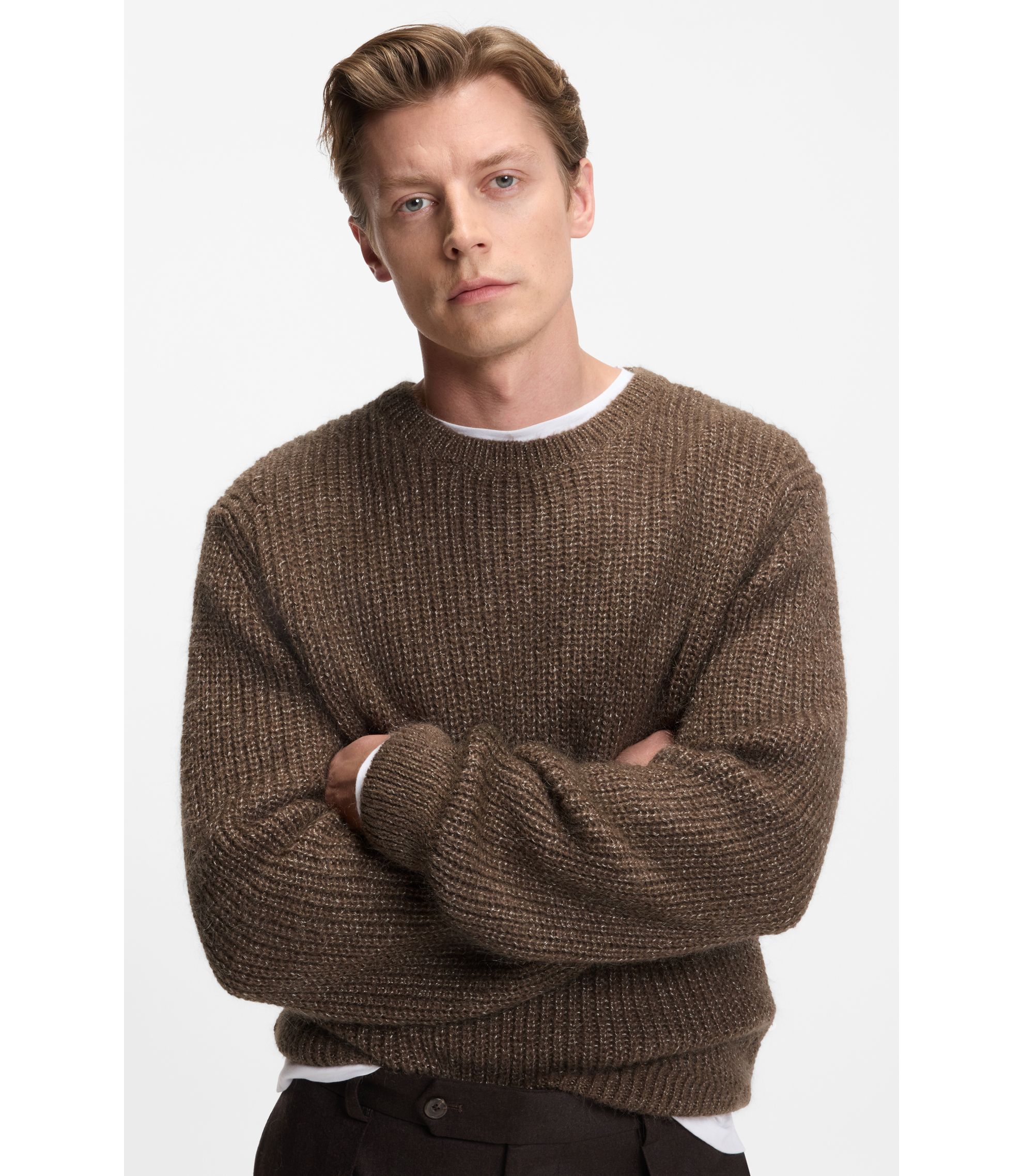 BOSS - BECKHAM x BOSS knitted sweater with mouliné rib - Light Brown