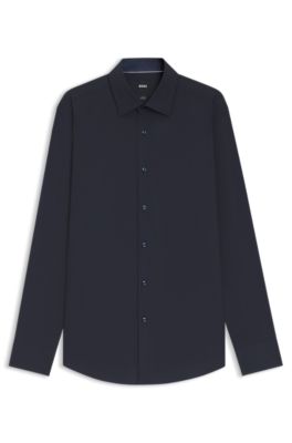 Easy-iron slim-fit shirt in stretch-cotton poplin, Dark Blue