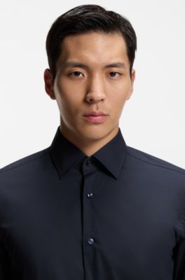 Camisa slim fit en popel&iacute;n de algod&oacute;n el&aacute;stico de planchado f&aacute;cil, Azul oscuro