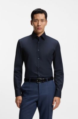 Easy-iron slim-fit shirt in stretch-cotton poplin, Dark Blue