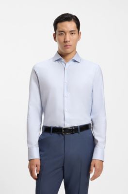 Camisa slim fit en sarga de algod&oacute;n, Celeste