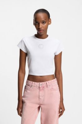 Camiseta corta de algod&oacute;n el&aacute;stico con logo Happy HUGO de estr&aacute;s, Blanco
